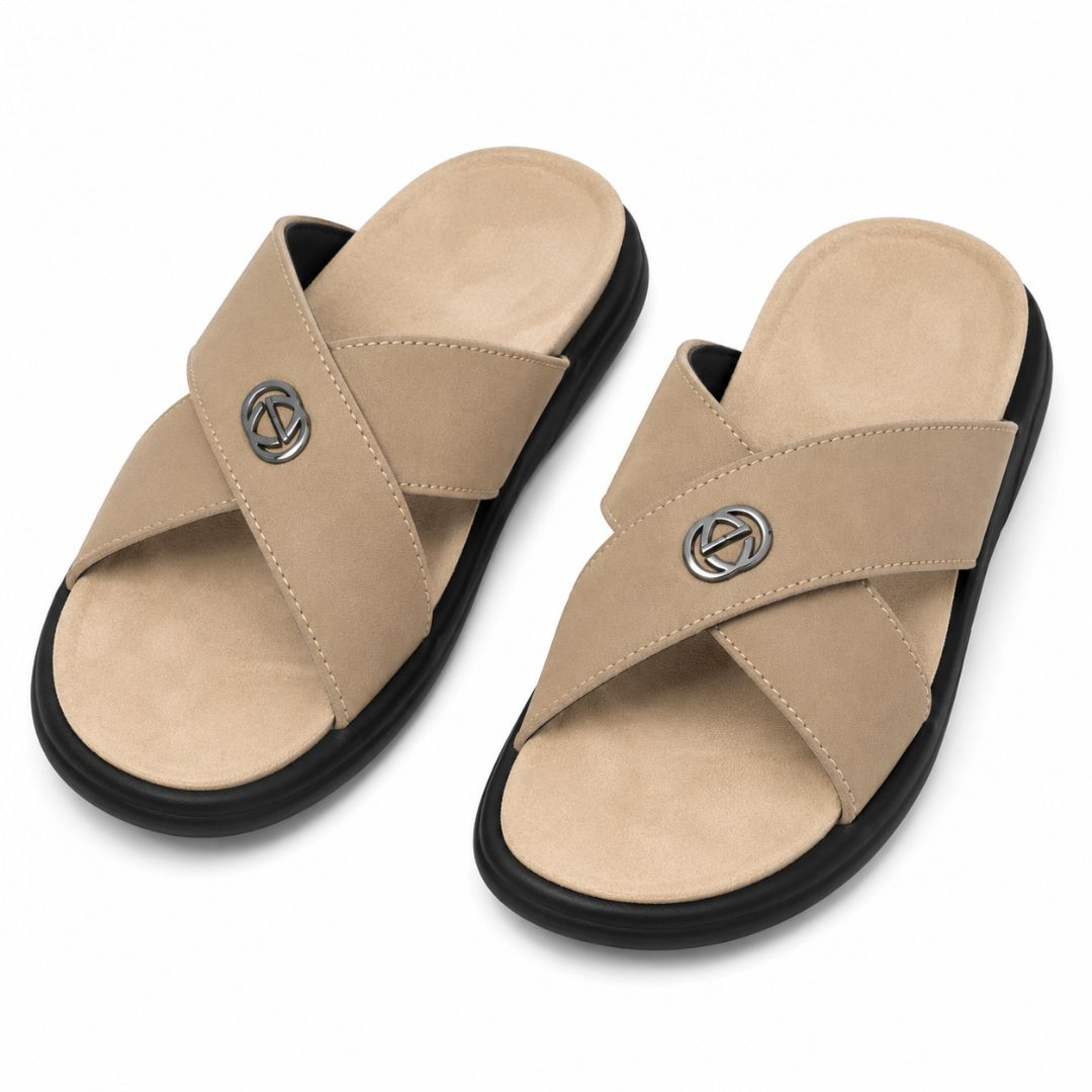 Mens Cross Strap Comfort Slide Brown Sandals